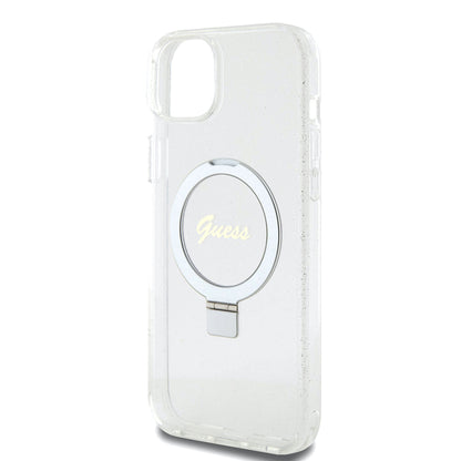 Husa MagSafe pentru Apple iPhone 15 Plus, Guess, Ring Stand Script Glitter, Transparenta