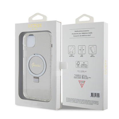 Husa MagSafe pentru Apple iPhone 15 Plus, Guess, Ring Stand Script Glitter, Transparenta