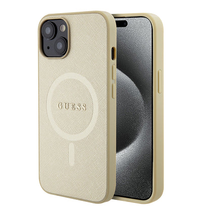 Husa MagSafe pentru Apple iPhone 15 Plus, Guess, Saffiano, Aurie