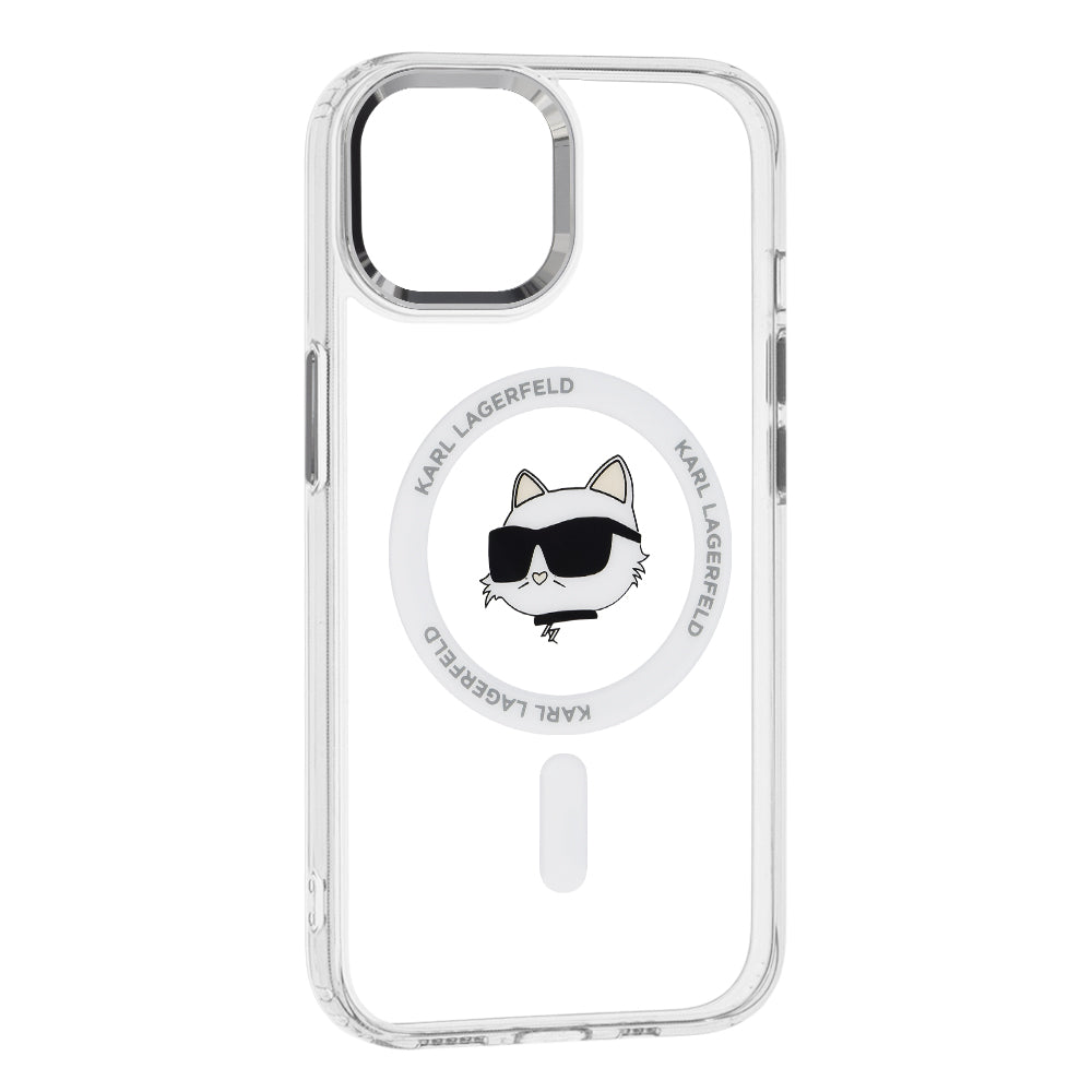 Husa MagSafe pentru Apple iPhone 15 Plus, Karl Lagerfeld, IML Metal Choupette's Head, Alba