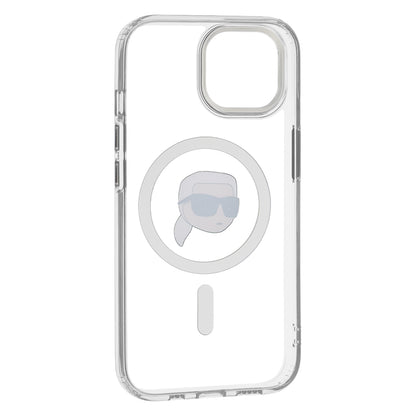 Husa MagSafe pentru Apple iPhone 15 Plus, Karl Lagerfeld, IML Metal Karl's Head, Alba