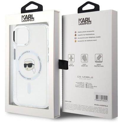 Husa MagSafe pentru Apple iPhone 15 Plus, Karl Lagerfeld, IML Metal Karl's Head, Alba