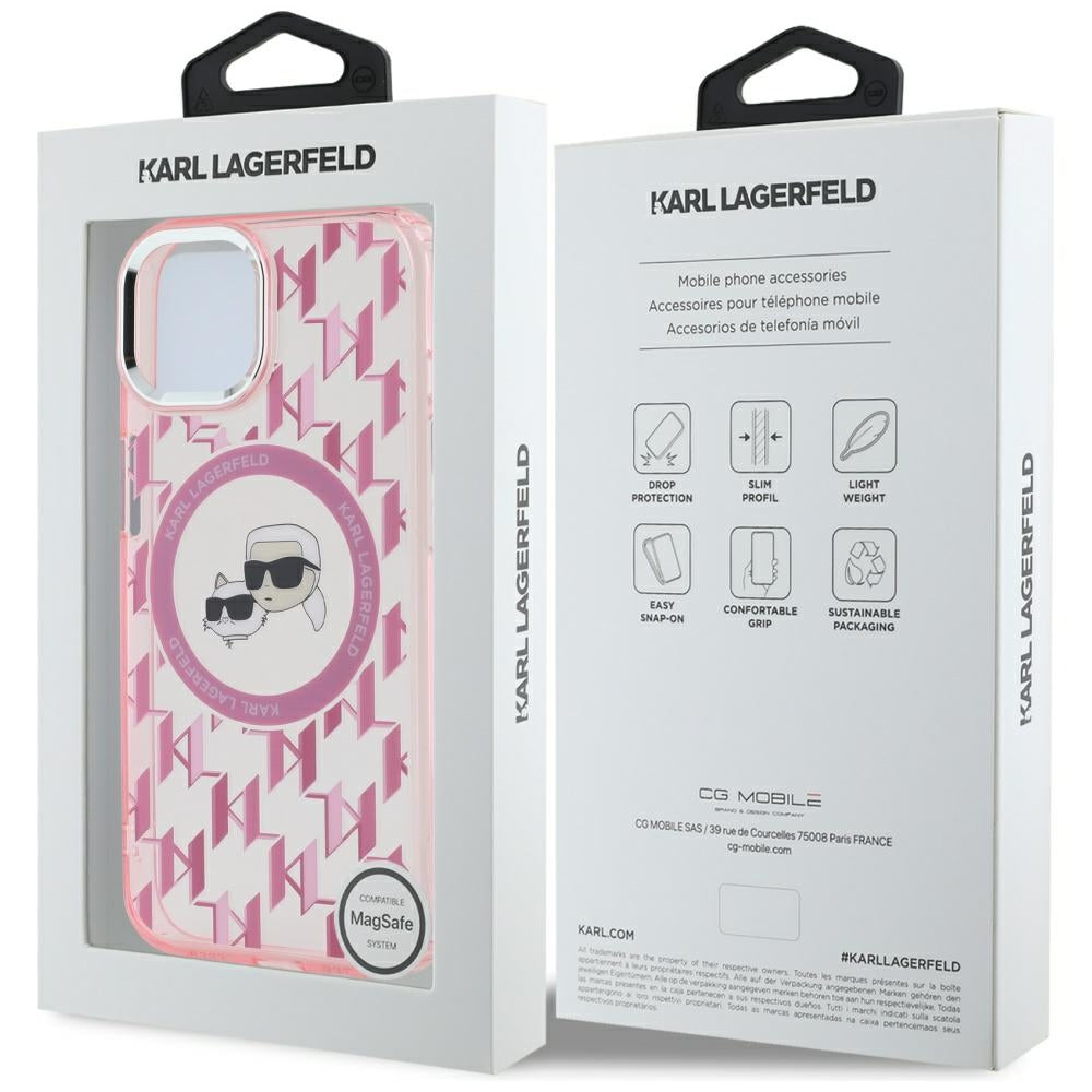 Husa MagSafe pentru Apple iPhone 15 Plus, Karl Lagerfeld, IML Monogram Karl & Choupette's Heads, Roz