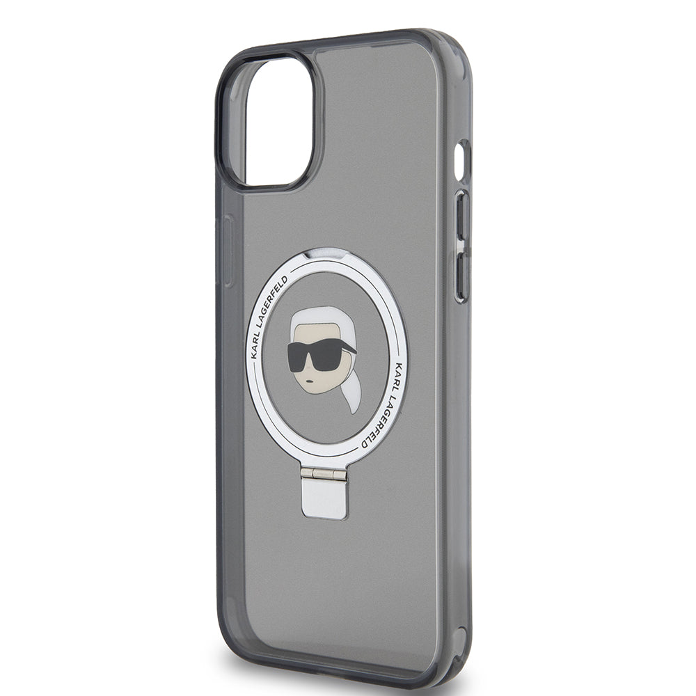 Husa MagSafe pentru Apple iPhone 15 Plus, Karl Lagerfeld, Ring Stand Karl's Head, Neagra