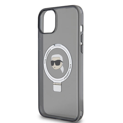 Husa MagSafe pentru Apple iPhone 15 Plus, Karl Lagerfeld, Ring Stand Karl's Head, Neagra