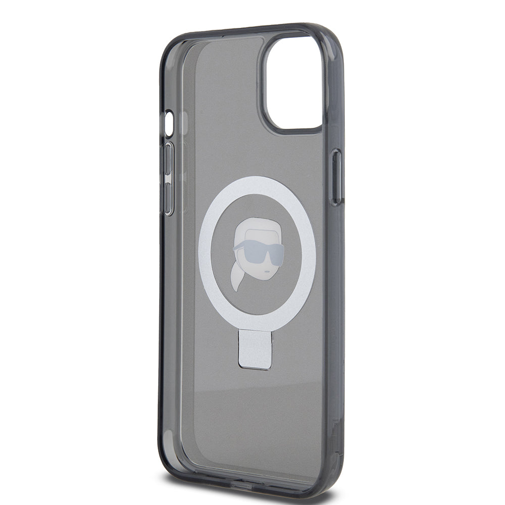 Husa MagSafe pentru Apple iPhone 15 Plus, Karl Lagerfeld, Ring Stand Karl's Head, Neagra