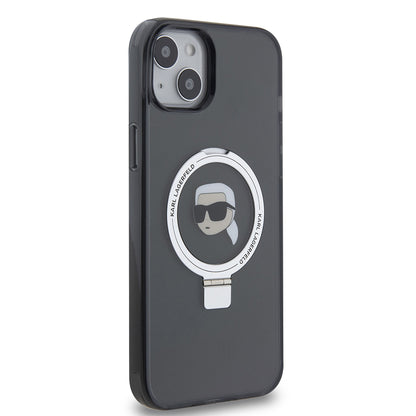 Husa MagSafe pentru Apple iPhone 15 Plus, Karl Lagerfeld, Ring Stand Karl's Head, Neagra