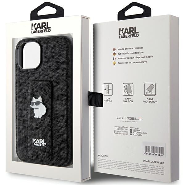 Husa MagSafe pentru Apple iPhone 15 Plus, Karl Lagerfeld, Saffiano Gripstand Choupette, Neagra