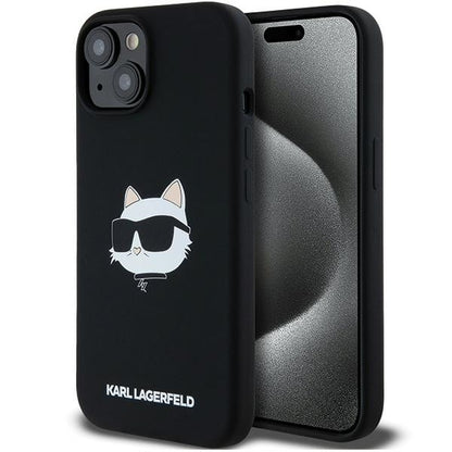 Husa MagSafe pentru Apple iPhone 15 Plus, Karl Lagerfeld, Silicone Choupette's Head, Neagra