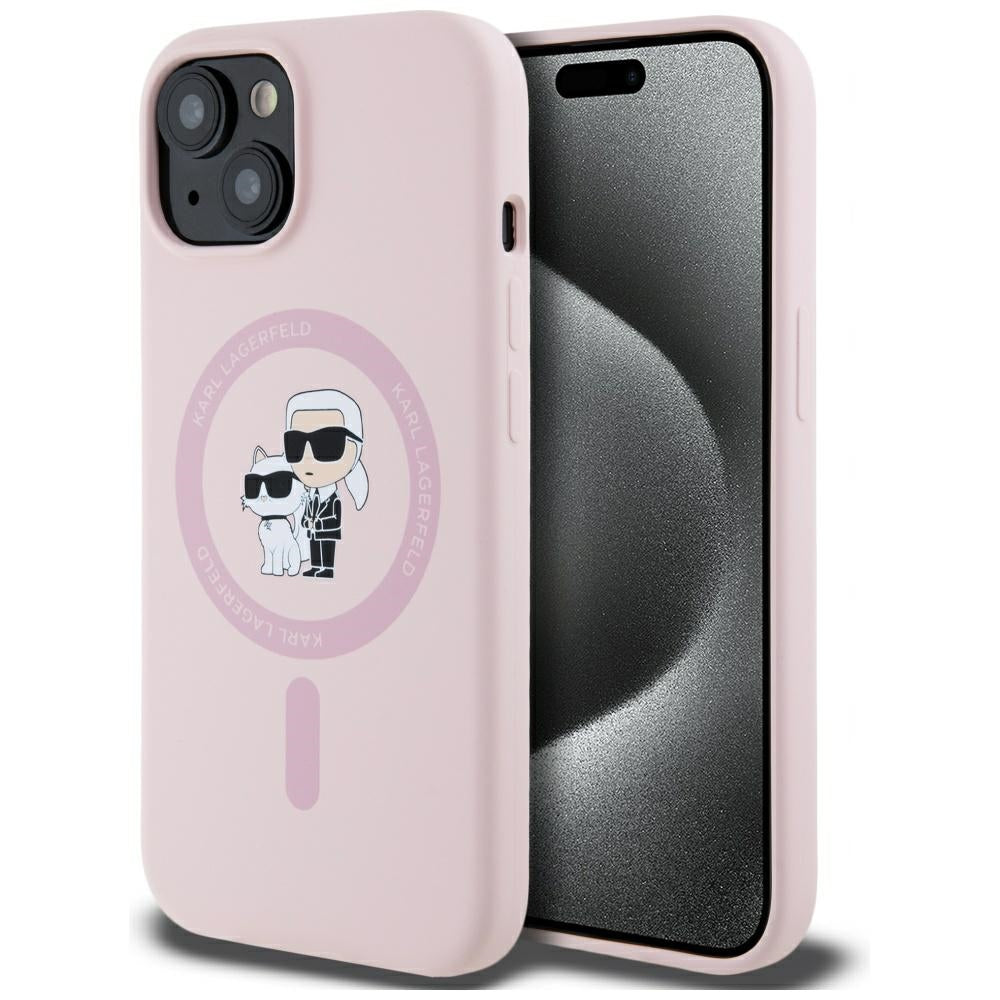 Husa MagSafe pentru Apple iPhone 15 Plus, Karl Lagerfeld, Silicone Karl & Choupette, Roz