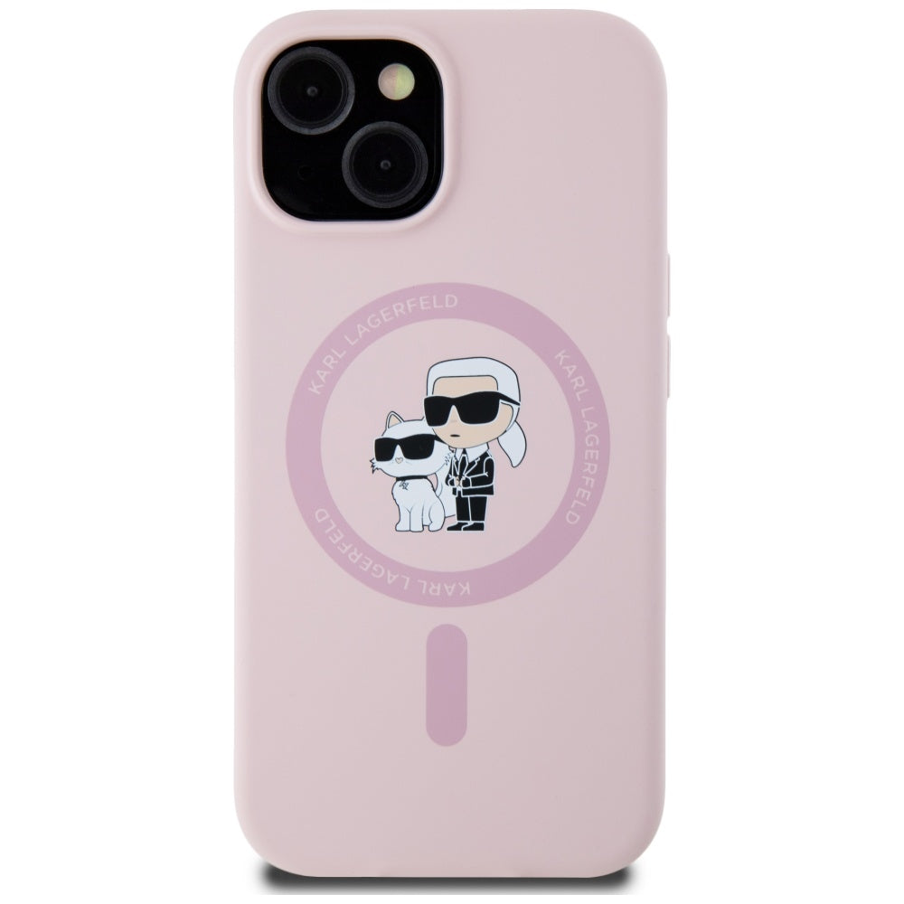 Husa MagSafe pentru Apple iPhone 15 Plus, Karl Lagerfeld, Silicone Karl & Choupette, Roz