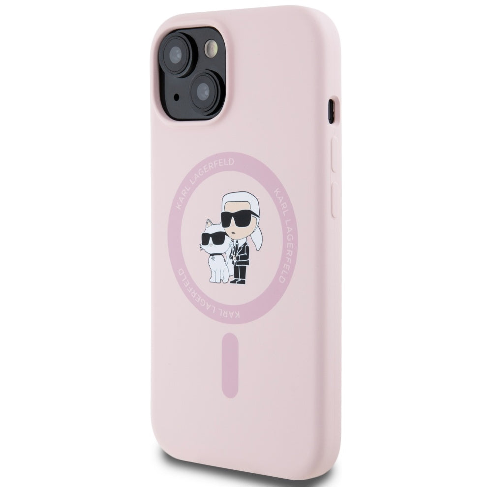 Husa MagSafe pentru Apple iPhone 15 Plus, Karl Lagerfeld, Silicone Karl & Choupette, Roz