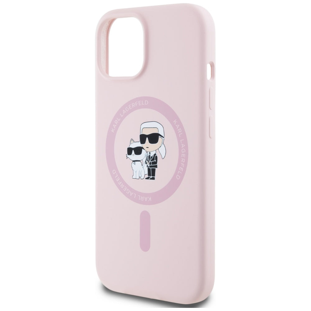 Husa MagSafe pentru Apple iPhone 15 Plus, Karl Lagerfeld, Silicone Karl & Choupette, Roz