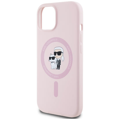 Husa MagSafe pentru Apple iPhone 15 Plus, Karl Lagerfeld, Silicone Karl & Choupette, Roz
