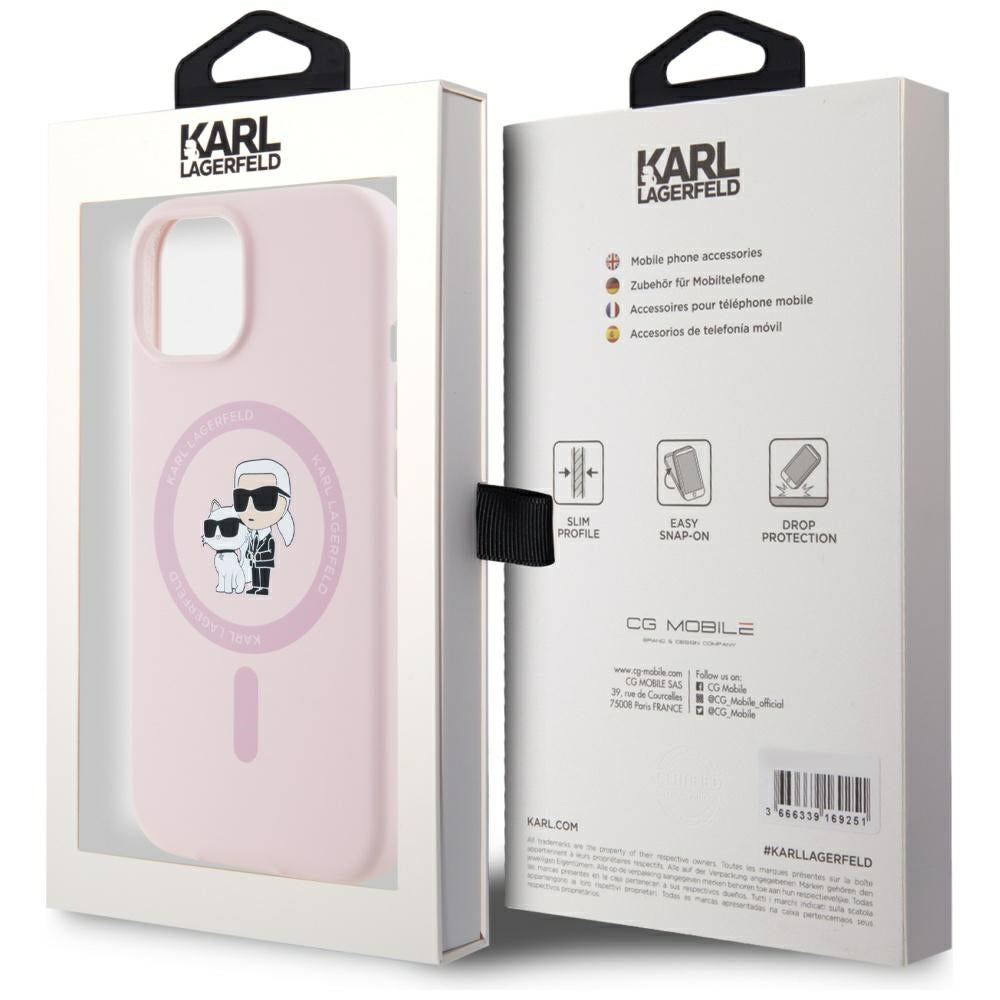 Husa MagSafe pentru Apple iPhone 15 Plus, Karl Lagerfeld, Silicone Karl & Choupette, Roz