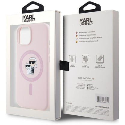 Husa MagSafe pentru Apple iPhone 15 Plus, Karl Lagerfeld, Silicone Karl & Choupette, Roz