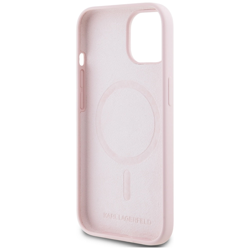 Husa MagSafe pentru Apple iPhone 15 Plus, Karl Lagerfeld, Silicone Karl & Choupette, Roz