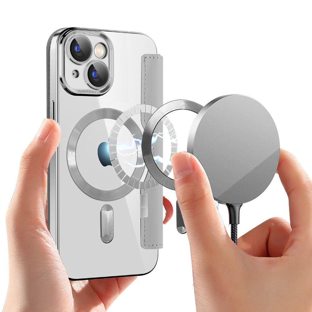 Husa MagSafe pentru Apple iPhone 15 Plus, Techsuit, SmartMag Book, Gri