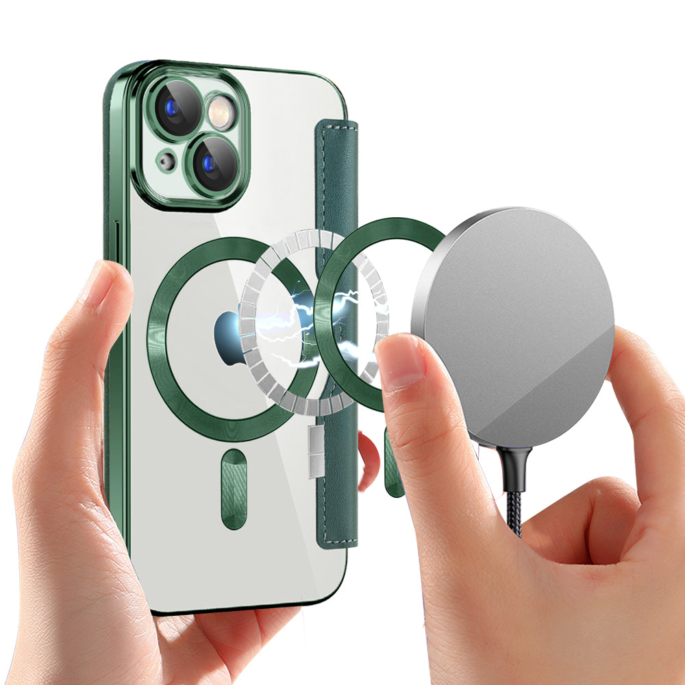 Husa MagSafe pentru Apple iPhone 15 Plus, Techsuit, SmartMag Book, Verde