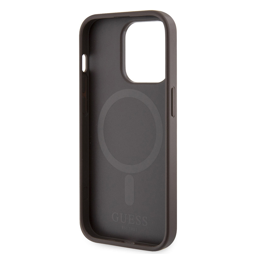 Husa MagSafe pentru Apple iPhone 15 Pro, Guess, 4G Printed Stripes, Maro