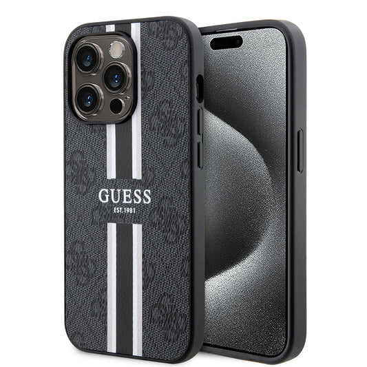 Husa MagSafe pentru Apple iPhone 15 Pro, Guess, 4G Printed Stripes, Neagra