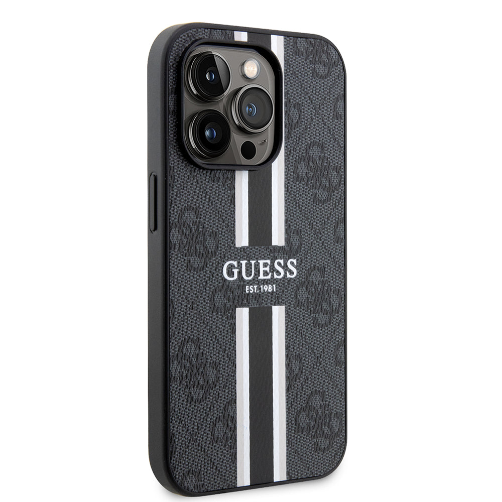 Husa MagSafe pentru Apple iPhone 15 Pro, Guess, 4G Printed Stripes, Neagra