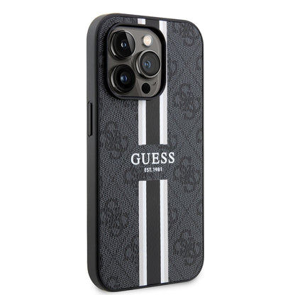 Husa MagSafe pentru Apple iPhone 15 Pro, Guess, 4G Printed Stripes, Neagra