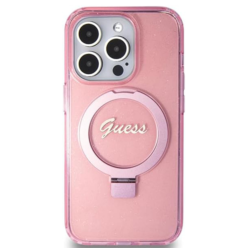 Husa MagSafe pentru Apple iPhone 15 Pro, Guess, IML Ring Stand Glitter, Roz