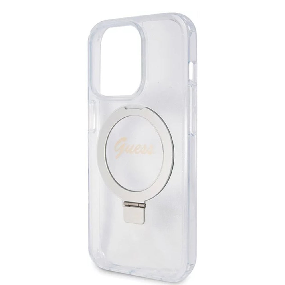 Husa MagSafe pentru Apple iPhone 15 Pro, Guess, IML Ring Stand Glitter, Transparenta