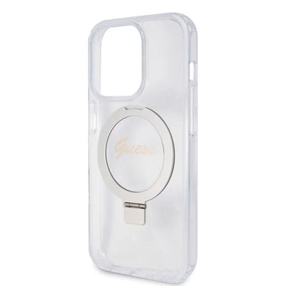 Husa MagSafe pentru Apple iPhone 15 Pro, Guess, IML Ring Stand Glitter, Transparenta