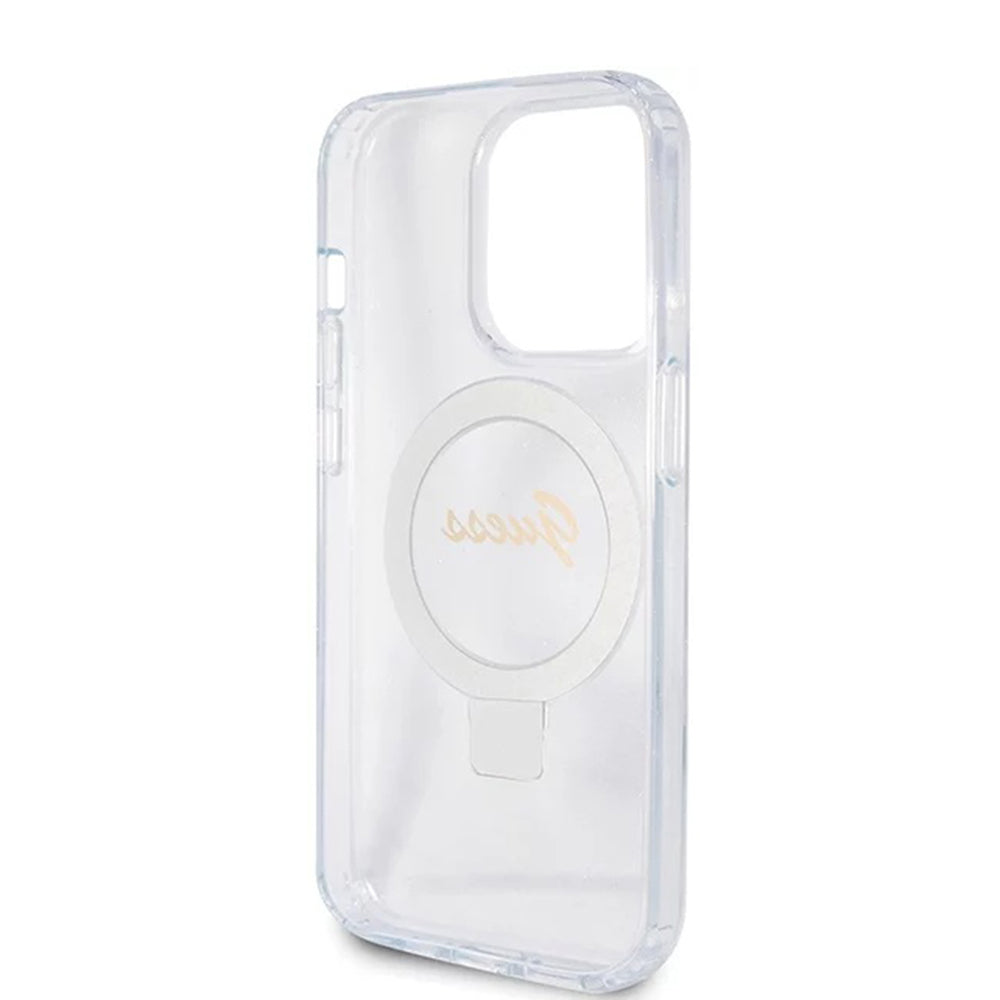 Husa MagSafe pentru Apple iPhone 15 Pro, Guess, IML Ring Stand Glitter, Transparenta