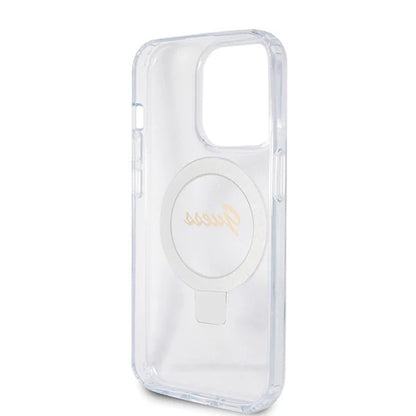 Husa MagSafe pentru Apple iPhone 15 Pro, Guess, IML Ring Stand Glitter, Transparenta
