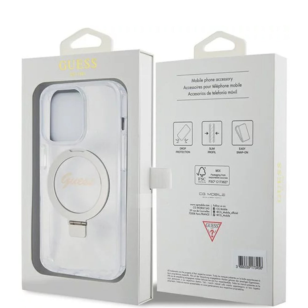 Husa MagSafe pentru Apple iPhone 15 Pro, Guess, IML Ring Stand Glitter, Transparenta