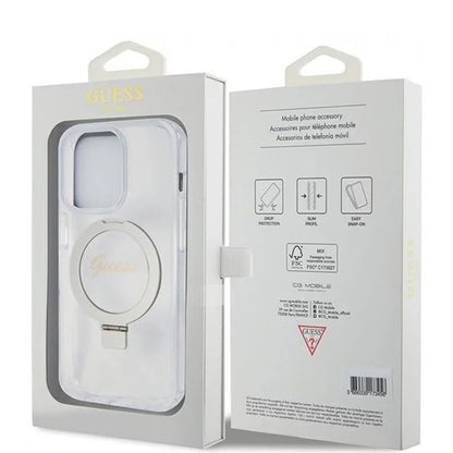 Husa MagSafe pentru Apple iPhone 15 Pro, Guess, IML Ring Stand Glitter, Transparenta