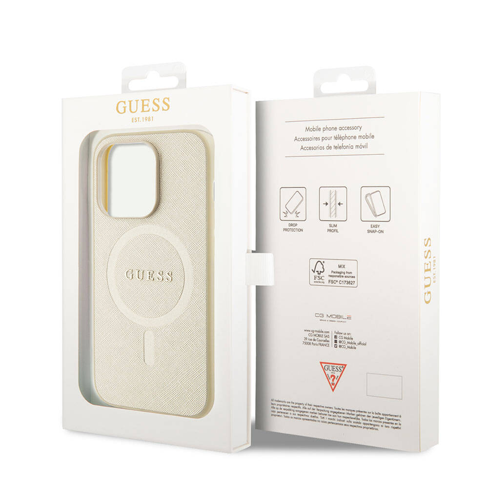 Husa MagSafe pentru Apple iPhone 15 Pro, Guess, Saffiano, Bej