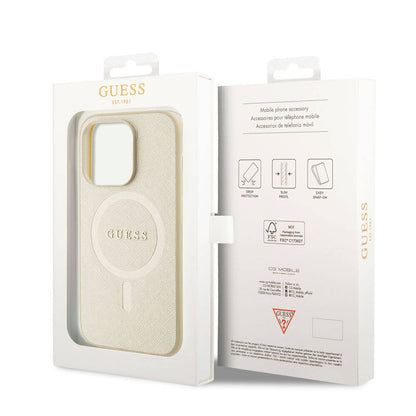 Husa MagSafe pentru Apple iPhone 15 Pro, Guess, Saffiano, Bej