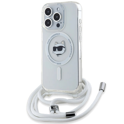 Husa MagSafe pentru Apple iPhone 15 Pro, Karl Lagerfeld, IML Crossbody Choupette's Head with Strap, Transparenta