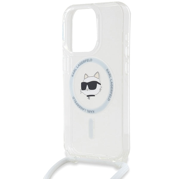 Husa MagSafe pentru Apple iPhone 15 Pro, Karl Lagerfeld, IML Crossbody Choupette's Head with Strap, Transparenta