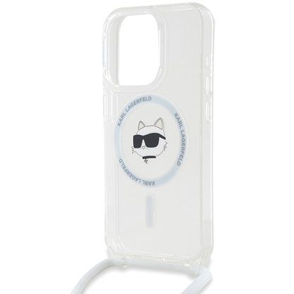 Husa MagSafe pentru Apple iPhone 15 Pro, Karl Lagerfeld, IML Crossbody Choupette's Head with Strap, Transparenta