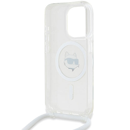 Husa MagSafe pentru Apple iPhone 15 Pro, Karl Lagerfeld, IML Crossbody Choupette's Head with Strap, Transparenta
