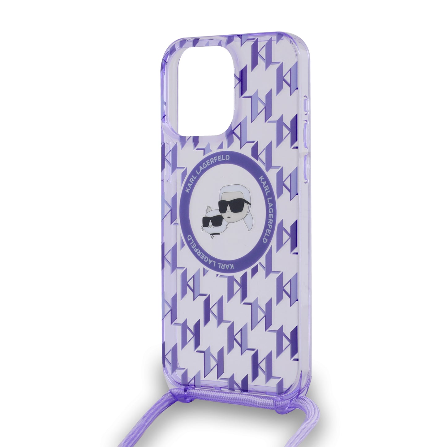 Husa MagSafe pentru Apple iPhone 15 Pro, Karl Lagerfeld, IML Crossbody Monogram Karl & Choupette's Heads, Mov