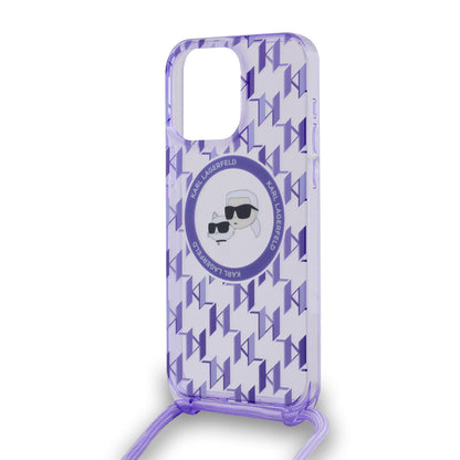 Husa MagSafe pentru Apple iPhone 15 Pro, Karl Lagerfeld, IML Crossbody Monogram Karl & Choupette's Heads, Mov