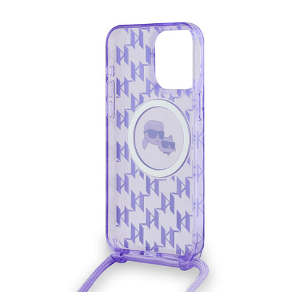 Husa MagSafe pentru Apple iPhone 15 Pro, Karl Lagerfeld, IML Crossbody Monogram Karl & Choupette's Heads, Mov
