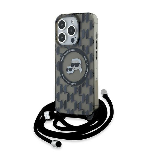Husa MagSafe pentru Apple iPhone 15 Pro, Karl Lagerfeld, IML Crossbody Monogram Karl & Choupette's Heads, Neagra