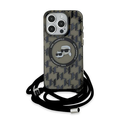 Husa MagSafe pentru Apple iPhone 15 Pro, Karl Lagerfeld, IML Crossbody Monogram Karl & Choupette's Heads, Neagra