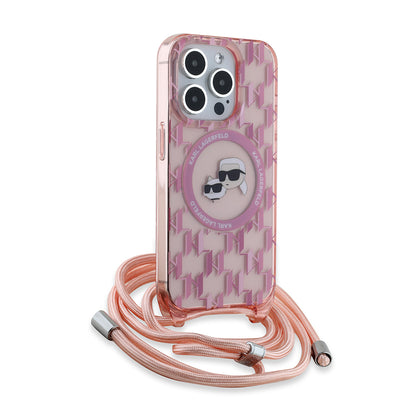 Husa MagSafe pentru Apple iPhone 15 Pro, Karl Lagerfeld, IML Crossbody Monogram Karl & Choupette's Heads, Roz