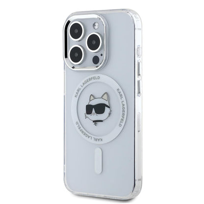 Husa MagSafe pentru Apple iPhone 15 Pro, Karl Lagerfeld, IML Metal Choupette's Head, Alba