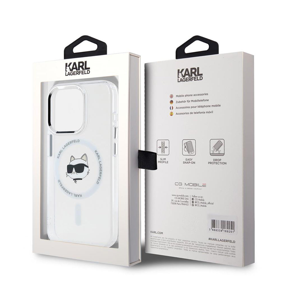 Husa MagSafe pentru Apple iPhone 15 Pro, Karl Lagerfeld, IML Metal Choupette's Head, Alba