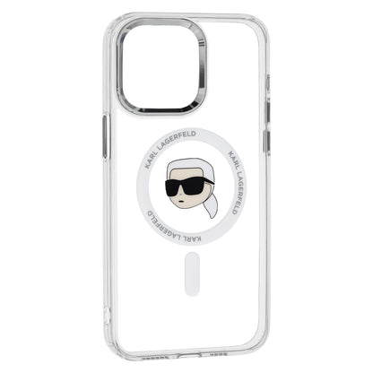 Husa MagSafe pentru Apple iPhone 15 Pro, Karl Lagerfeld, IML Metal Karl's Head, Alba