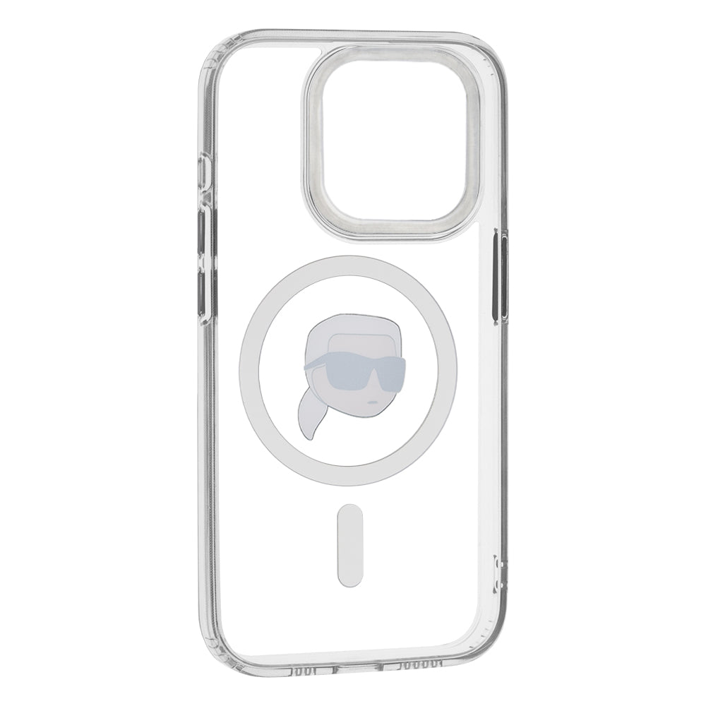 Husa MagSafe pentru Apple iPhone 15 Pro, Karl Lagerfeld, IML Metal Karl's Head, Alba